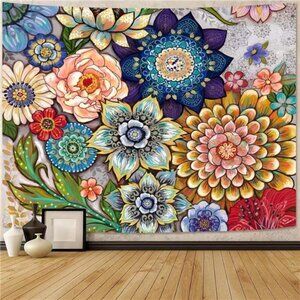 Colorful Floral Tapestry Wall hanging, Bright Boho Fabric Blossom Tapestries